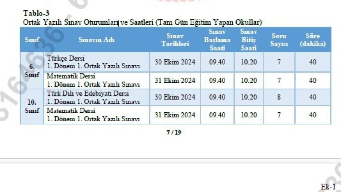 6. SINIF TÜRKÇE VE MATEMATİK ORTAK SINAV YAZILI OTURUMLARI VE SAATLERİ